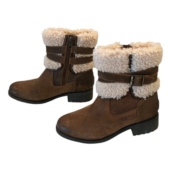 UGG Blayre III Brown Chipmunk Leather Sheepskin Buckle Zip Moto Boots - Picture 4 of 16